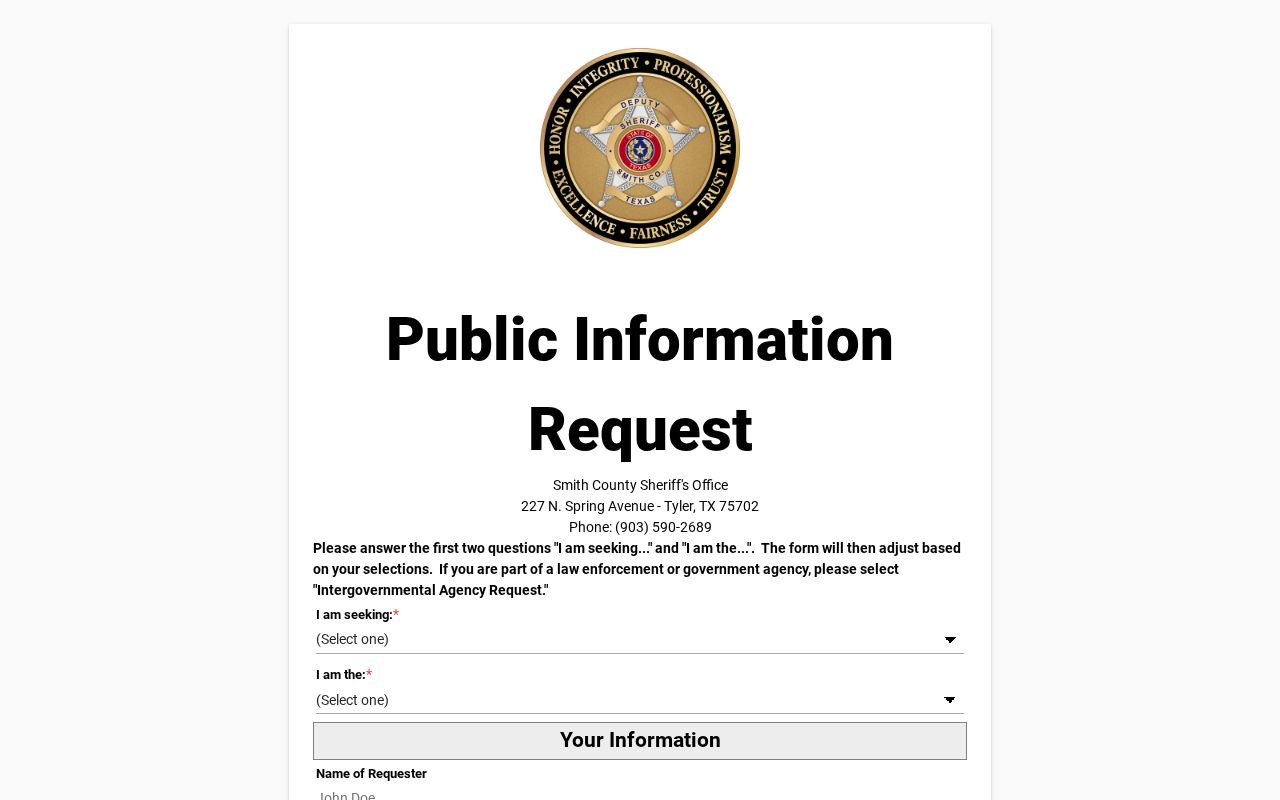 Smith County JustFOIA request form fields
