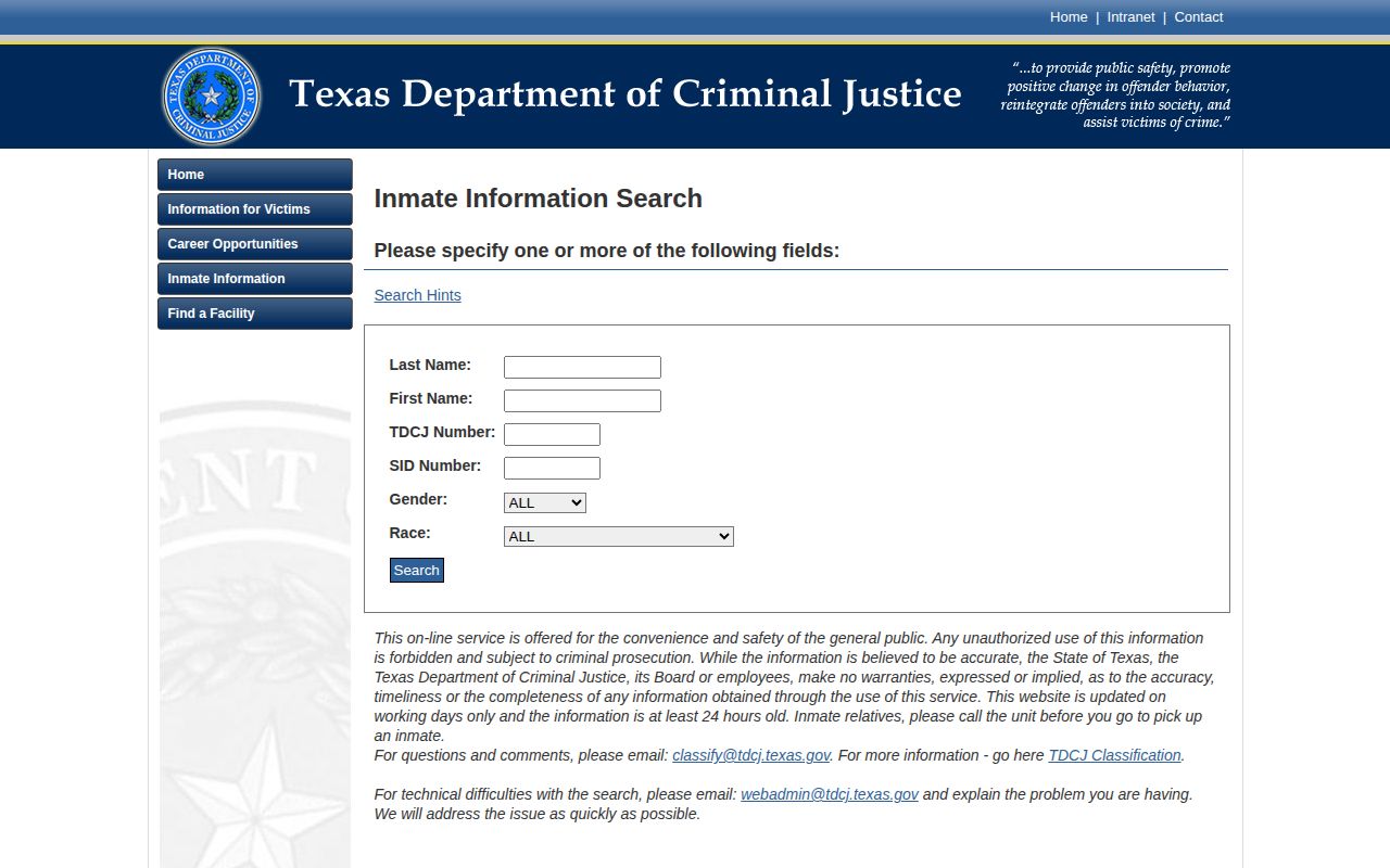 TDCJ online inmate search fields