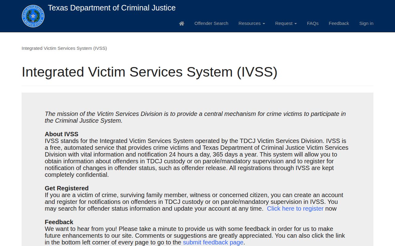 Smith County TDCJ IVSS person search for release notifications